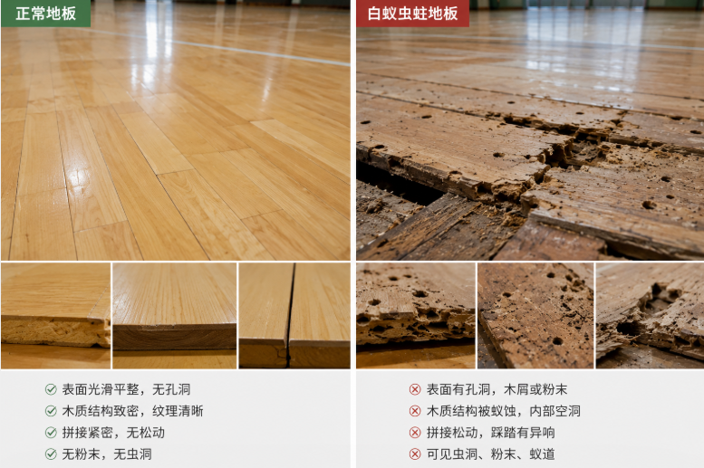 正常運動木地板和白蟻蟲蛀木地板對比